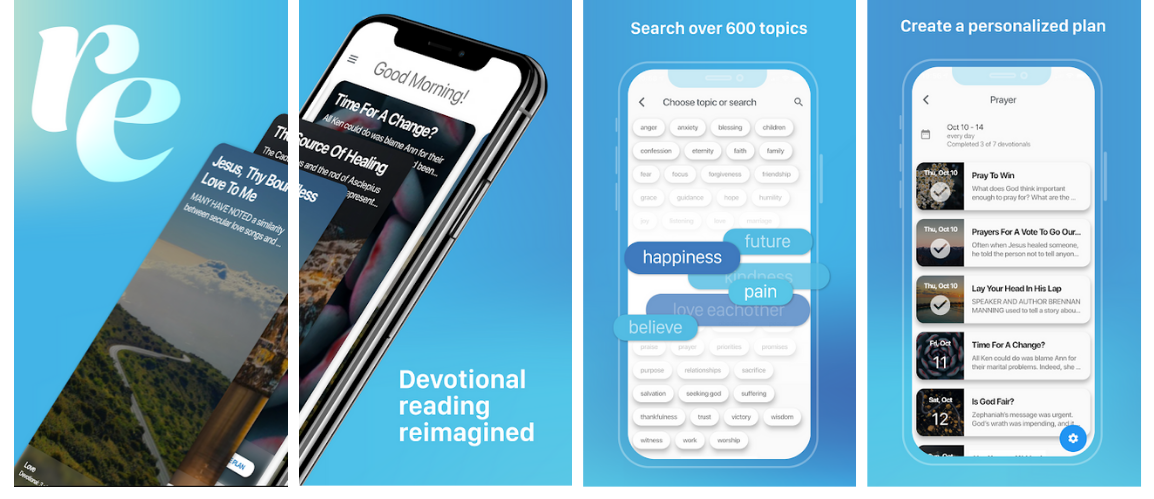 Refresh devotional app showing screenshots on a smart phone