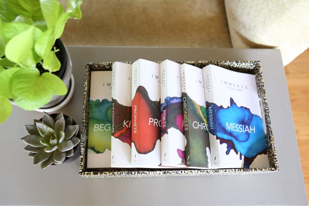 Immerse Bible books on coffee table with succulent plants